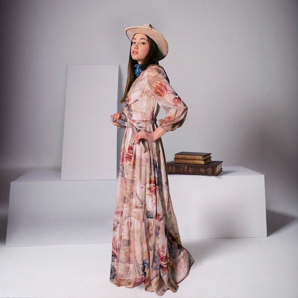 Robe Longue Col en V Motif Floral Aquarelle (MS372)