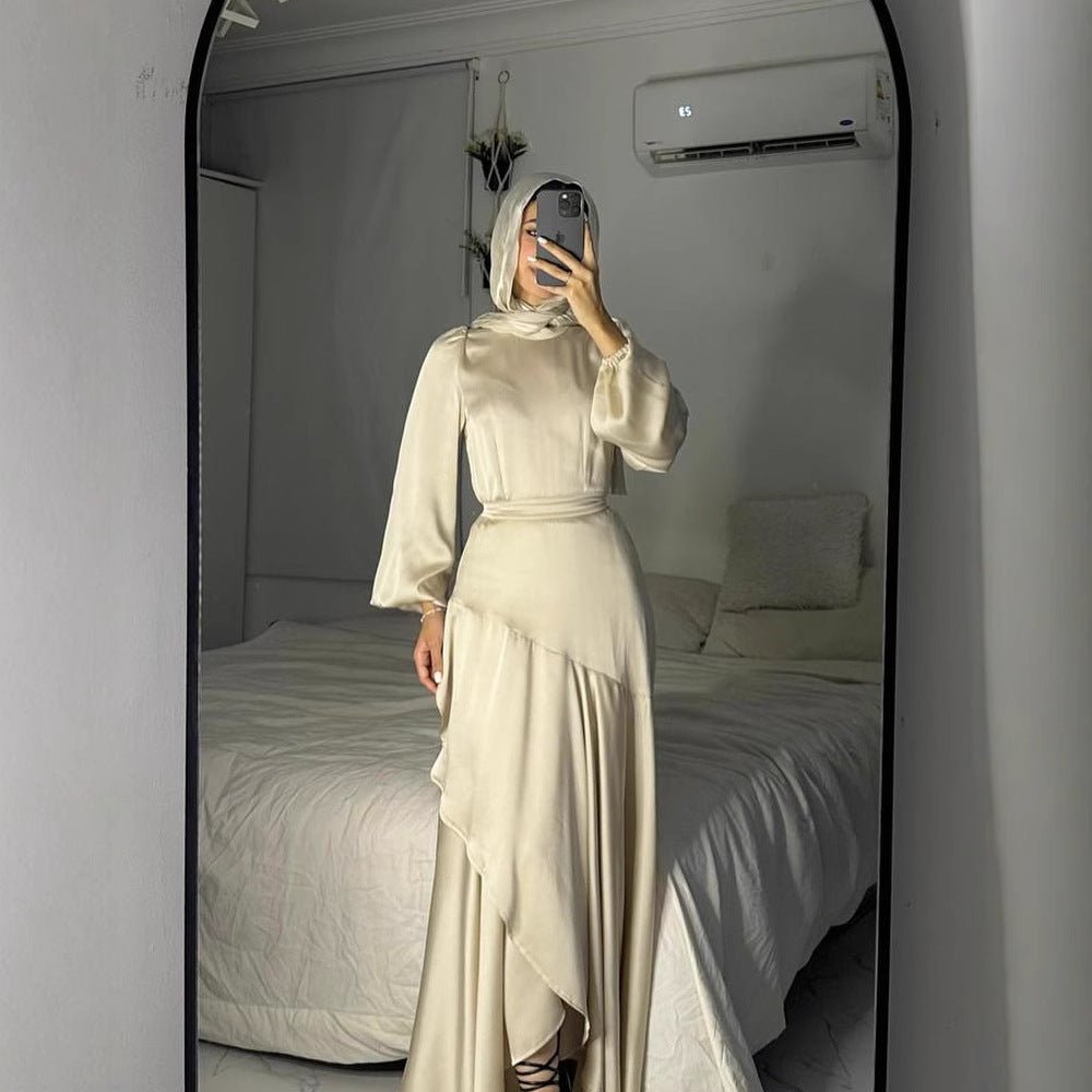 Robe Maxi en Satin Luxe à Ourlet Volanté | Abaya à Manches Élastiquées avec Ceinture (MS187)