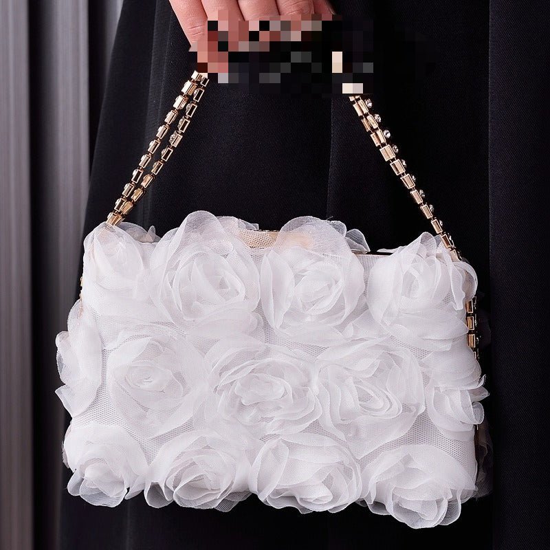 Sac de soirée en mousseline rose | Pochette florale avec chaîne en cristal (MAC355)