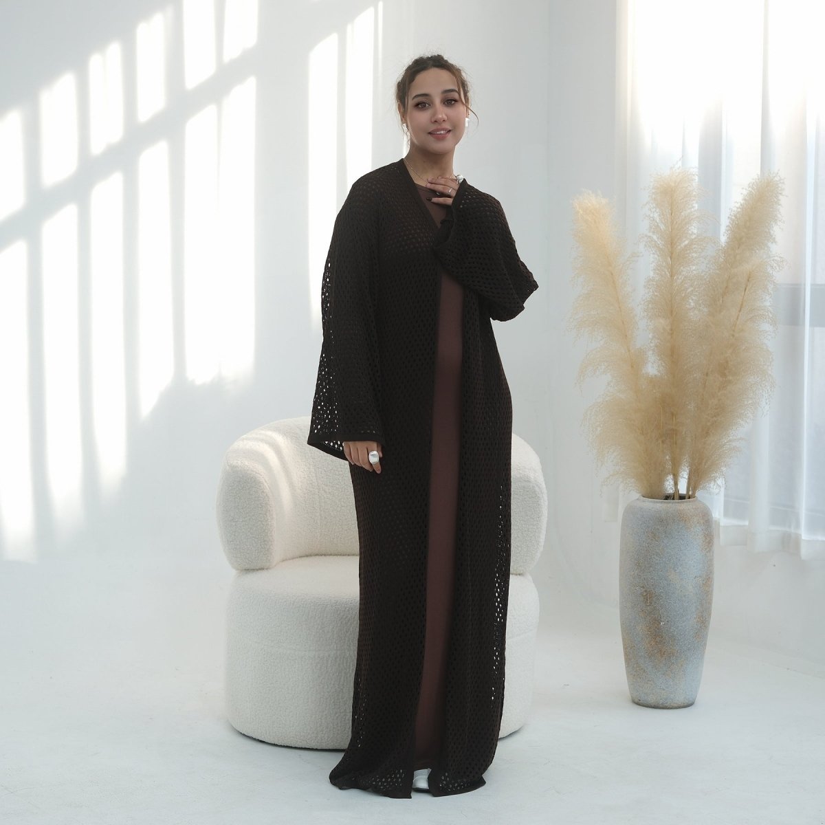 Cardigan Abaya en Maille Ajourée avec Ceinture à la Taille (MOA315)