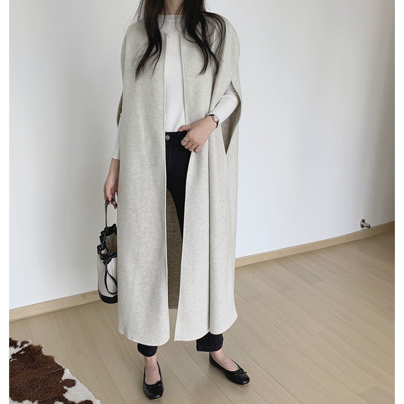Gilet Cape sans Manches | Gilet-Manteau Long Minimaliste en Mélange de Laine (MS204)