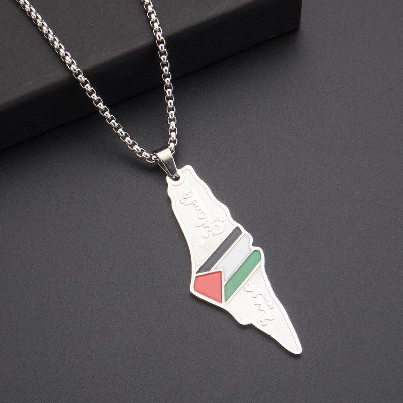 Collier MAC101 avec pendentif carte du drapeau palestinien, keffieh gravé collé, en acier inoxydable