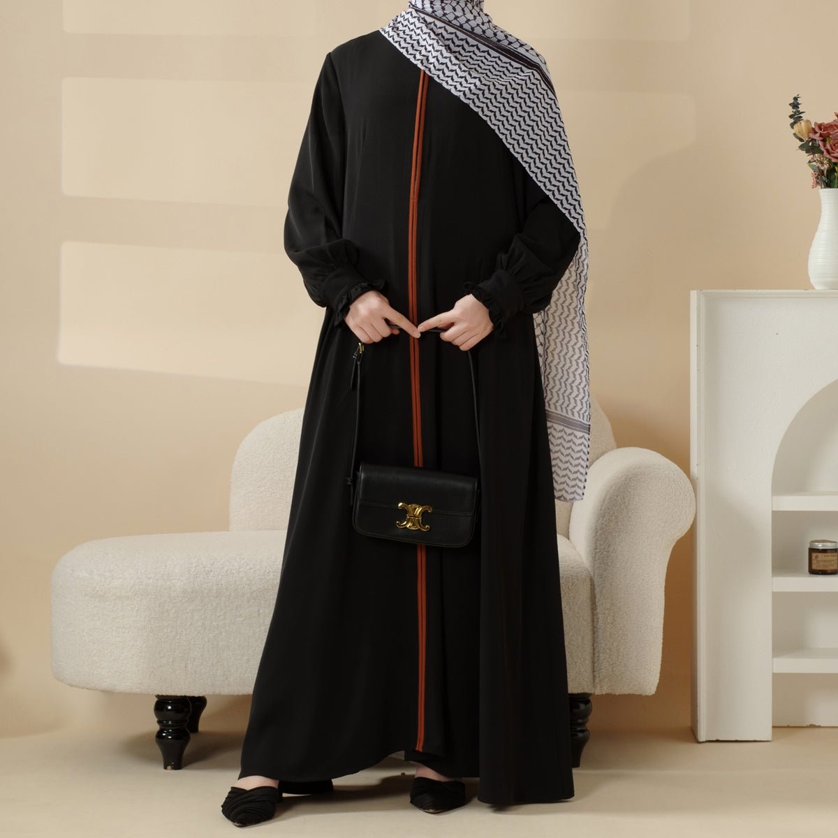 Abaya pull-over modeste avec broderie palestinienne, robe maxi élégante à manches froncées (MA141)