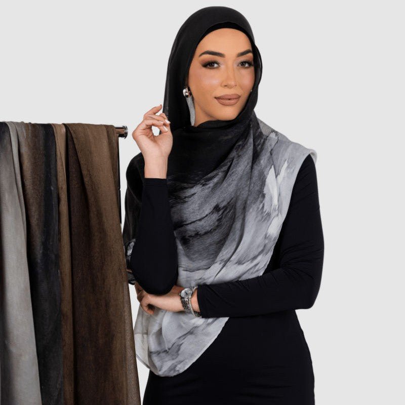 Hijab en Mousseline Imprimé Marbre | Effet Tie-Dye Noir & Blanc (MH227)