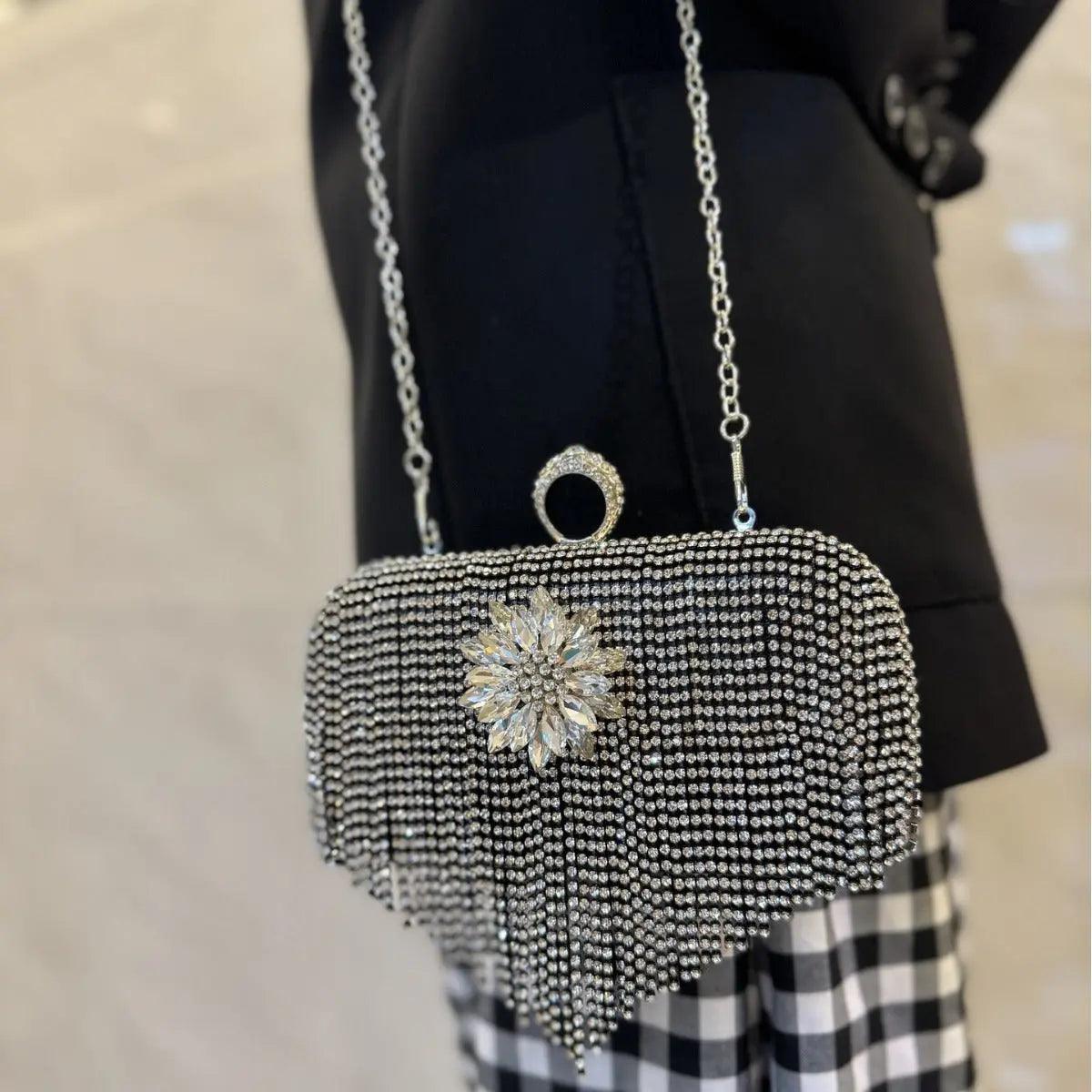 MAC056 Pochette de soirée à pompon, sac à main de luxe orné de strass, pour soirée et bal de promo, avec chaîne amovible
