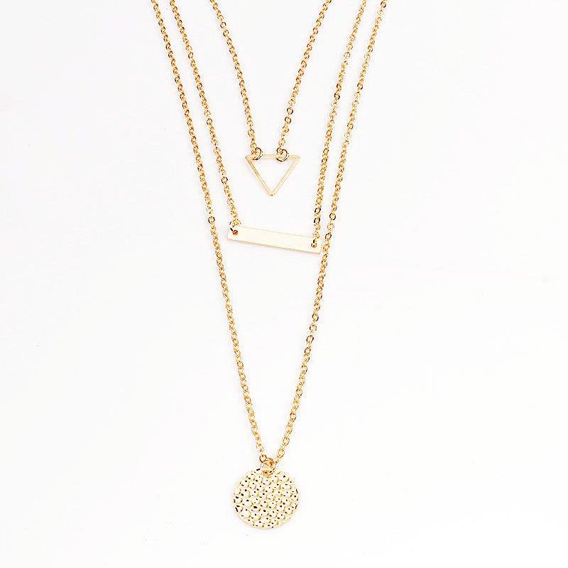 Collier long MAC090 avec pendentif rond, à couches multiples et sequins triangulaires ajourés
