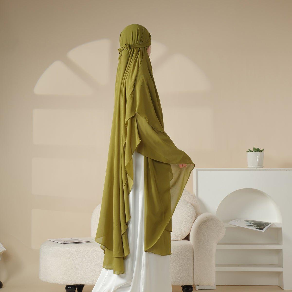 MK018 Khimar Long en Mousseline à Double Couches, Devant et Dos