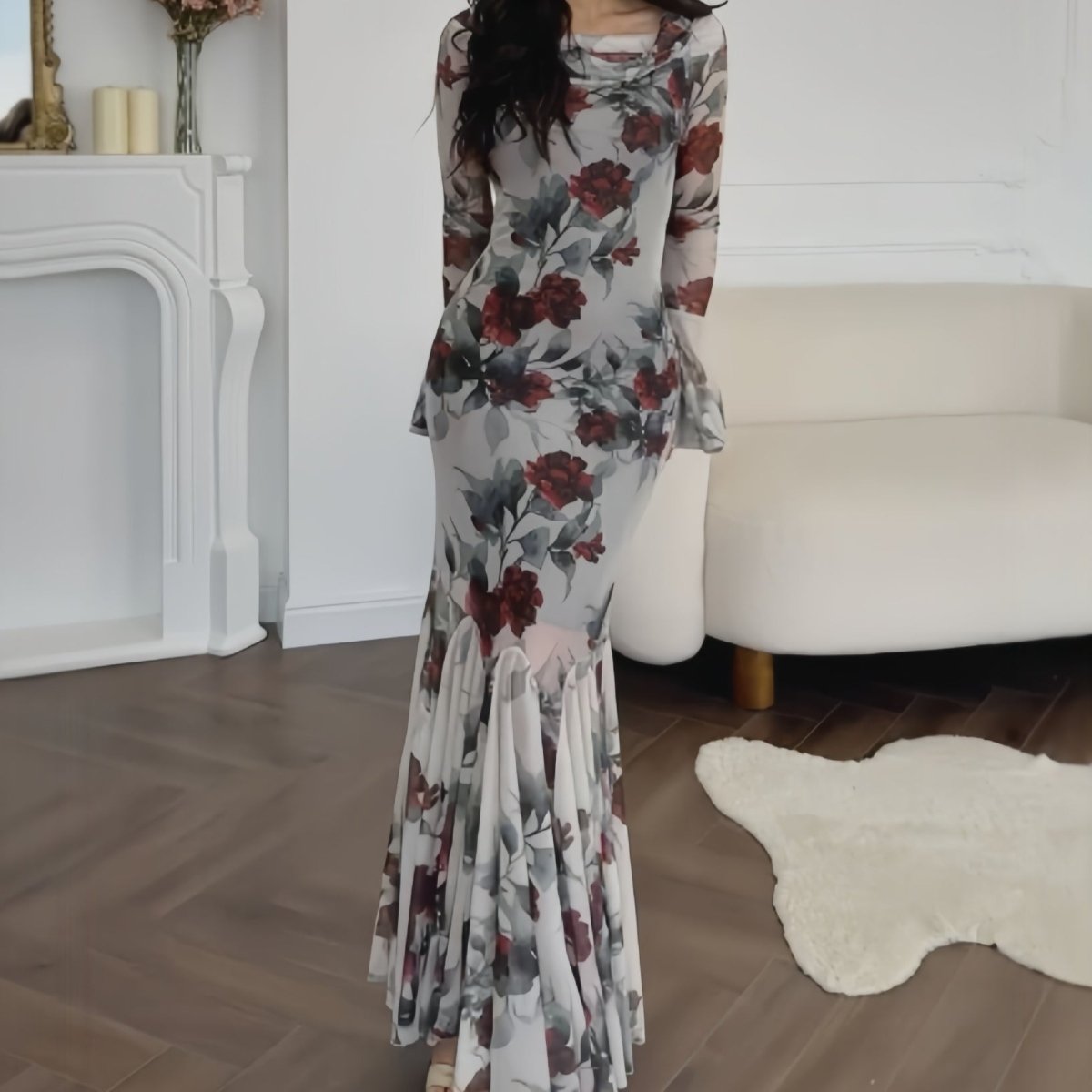 Robe Sirène Fleurie Romantique | Robe Longue Élégante à Ourlet Volanté, Manches Longues, Style Français (MS268)
