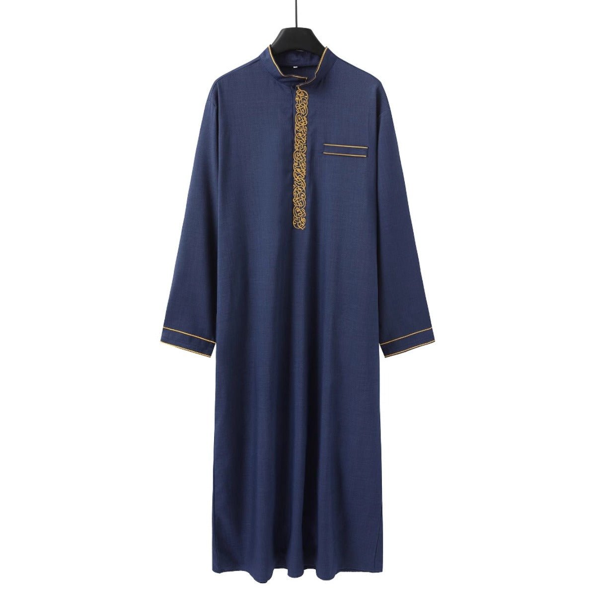 Thobe Premium Brodé à Col Officier Marine & Blanc, Coupe Ample Robe Musulmane avec Broderie Dorée - Tenue Décontractée Modeste (MT034)