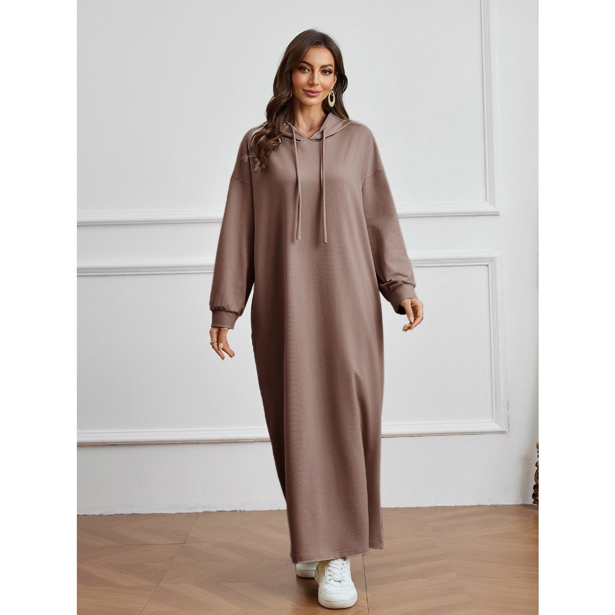 Robe Décontractée à Capuche avec Poche, Couleur Unie - Robe d'Intérieur Pudique à Manches Longues avec Capuche à Cordon (MA282)