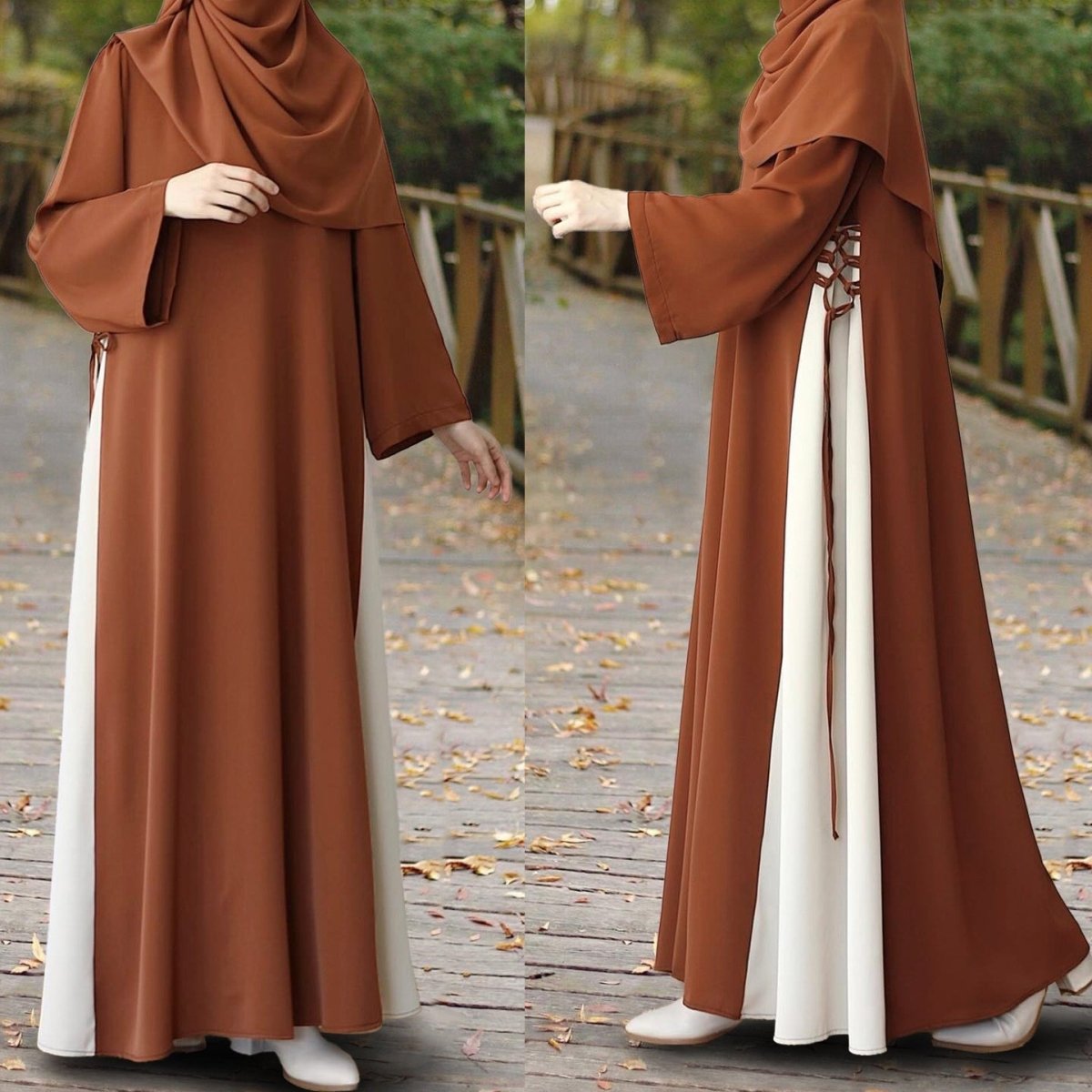 Abaya bicolore avec nœud sur le côté | Abaya maxi bicolore à col rond (MA362)