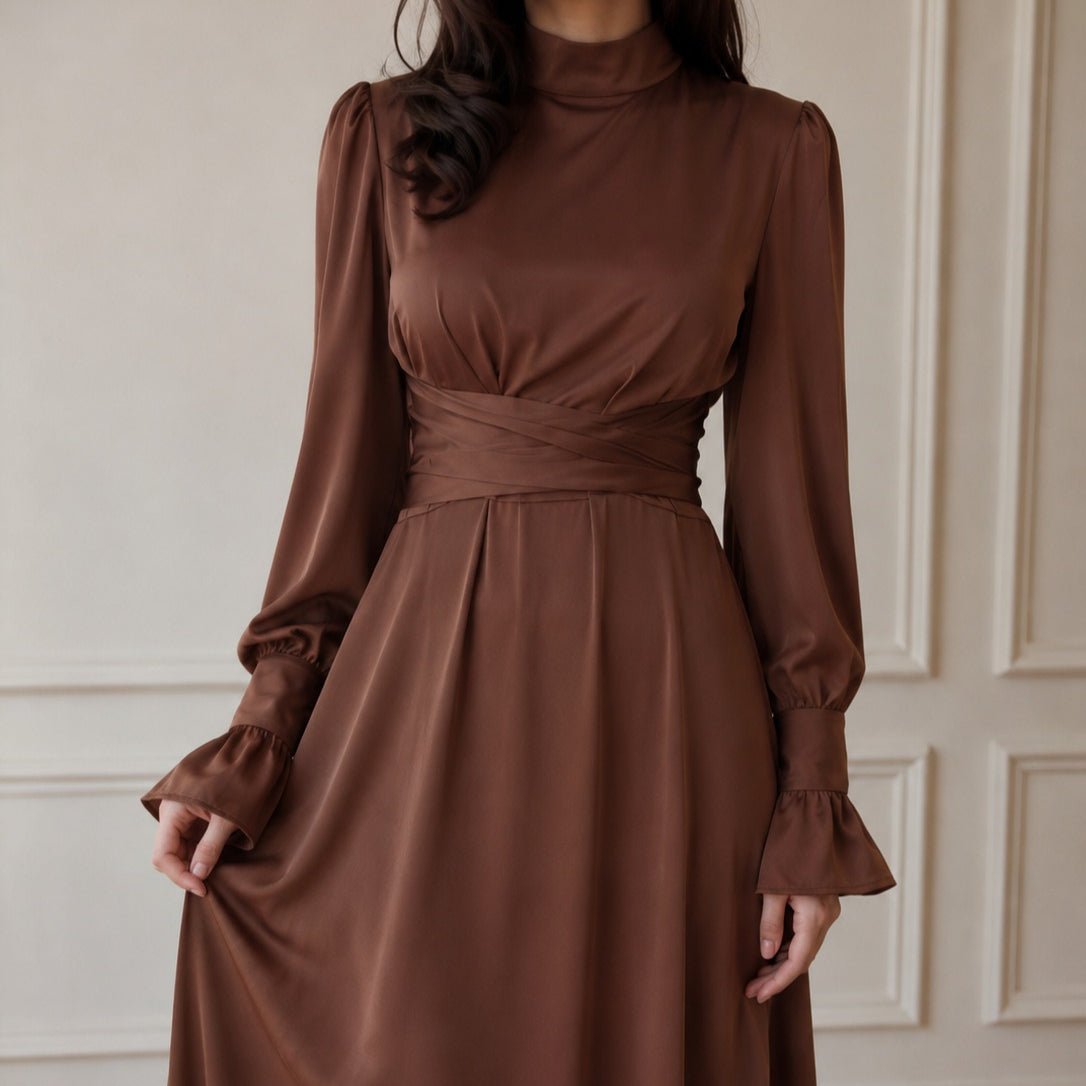 Robe Maxi à Taille Croisée en Satin (MS506)