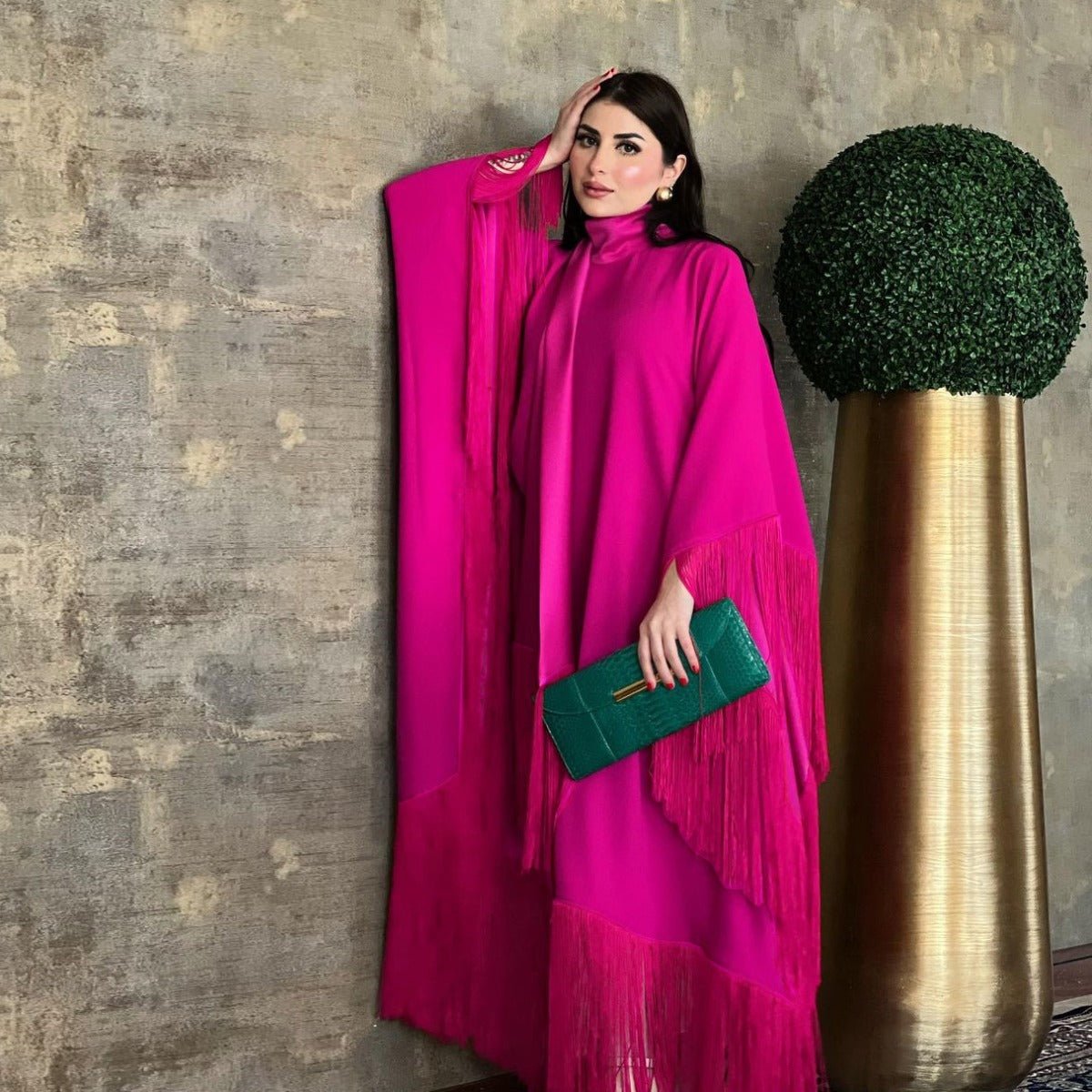 Kaftan Manches Chauve-Souris à Pompons | Robe de Soirée avec Détails Frangés Fluides (MA288)