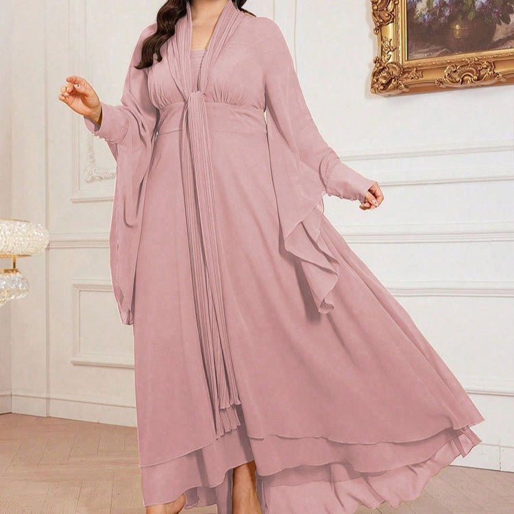 Robe Maxi Grande Taille Plissée avec Col Cravate (MS370)