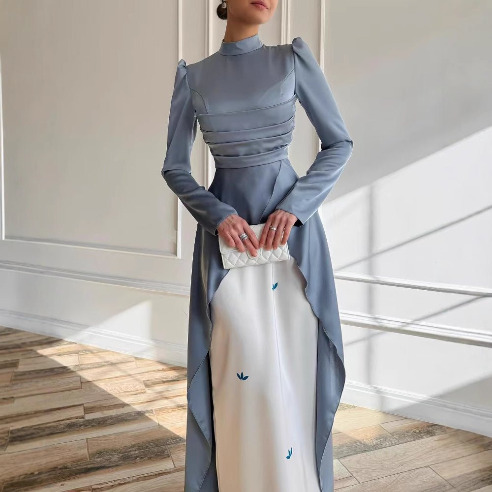 Robe de soirée en satin colorblock avec traîne (MA351)