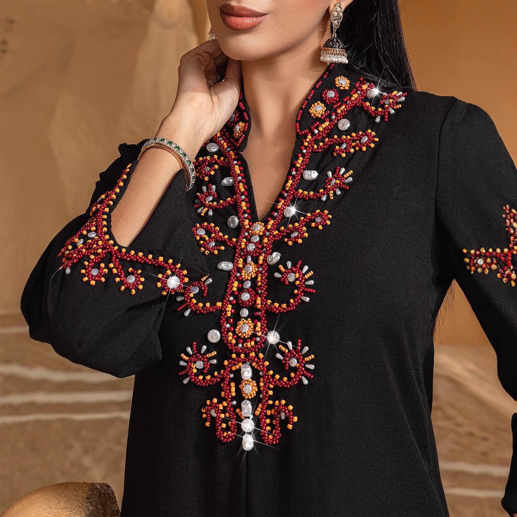 Abaya de fête et de mariage Luxury V-Neck noire et dorée, brodée de perles de riz (MA187)