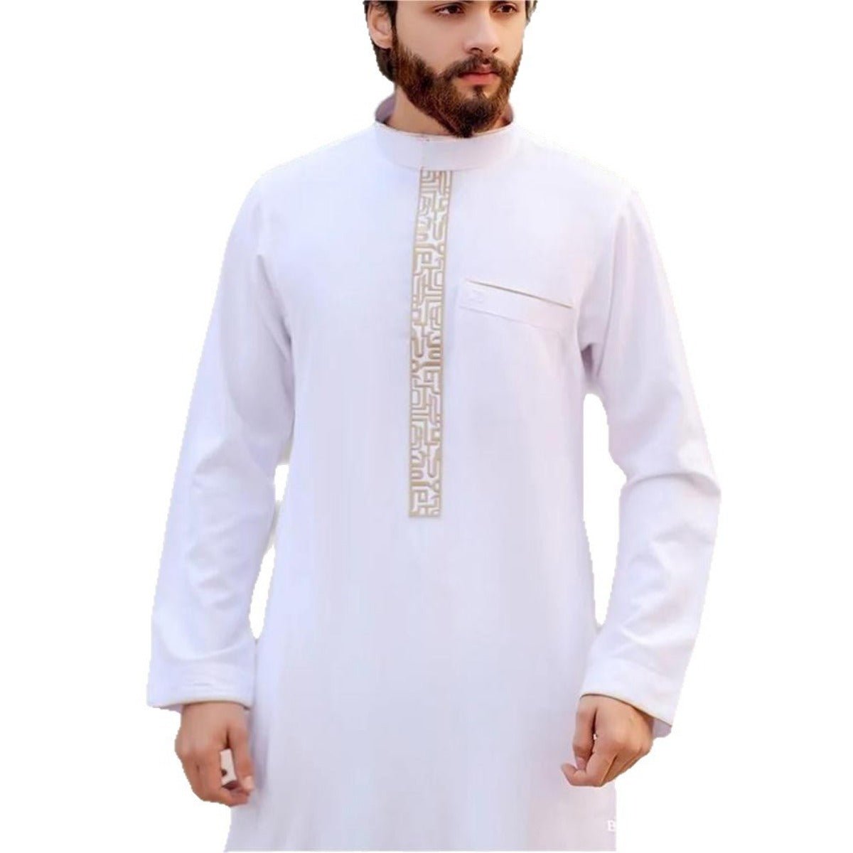 Thobe long homme premium à imprimé géométrique islamique doré, col mao et poche latérale (MT028)