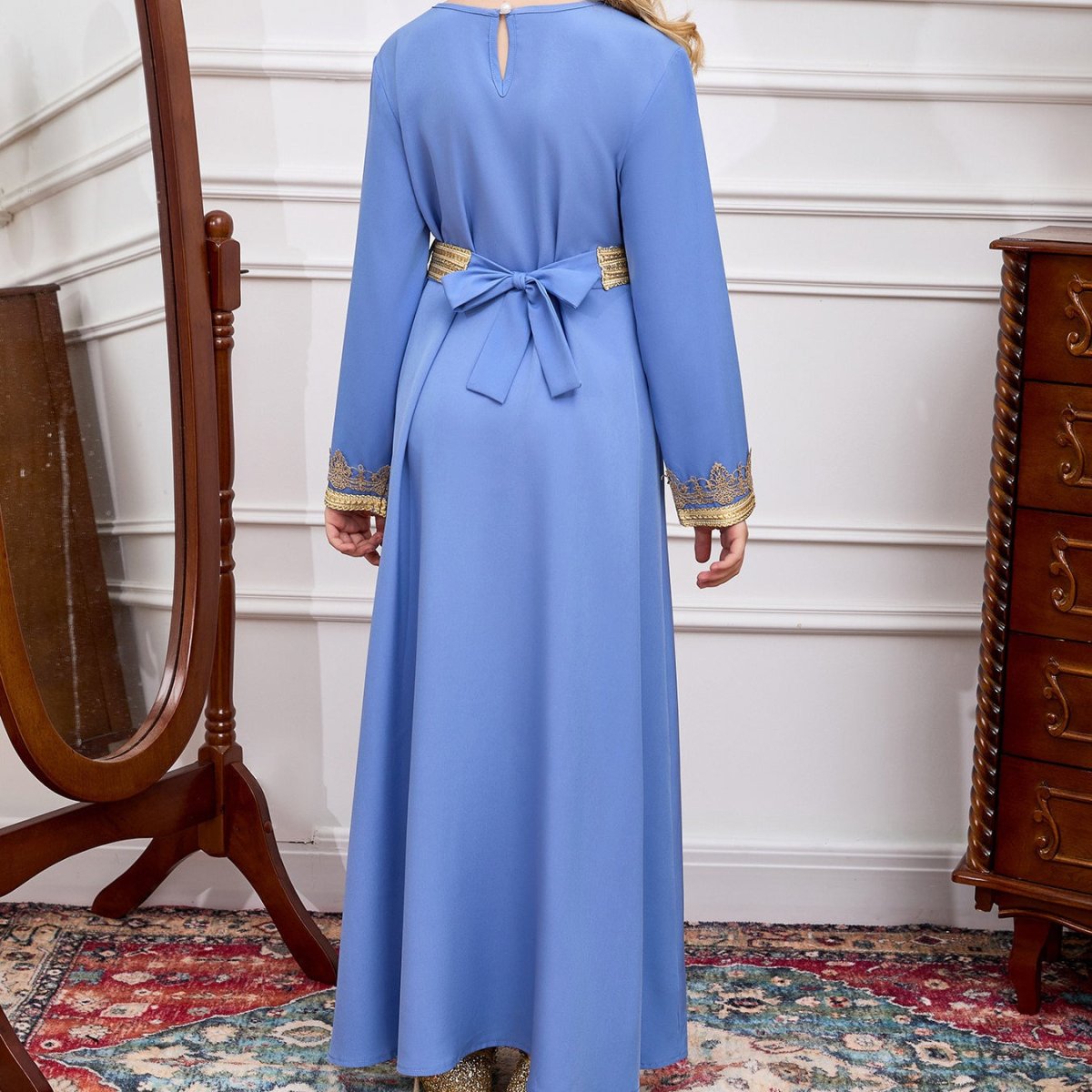 Abaya fille col en V avec dentelle patchwork(MKG010)