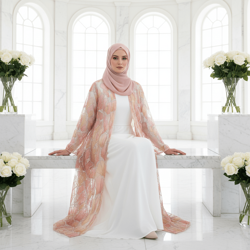 Abaya Ouverte Brodée Main Petal Glow — Collection Secret Garden (MOA295)