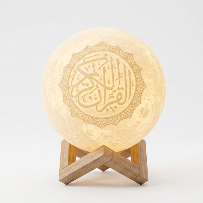 Lampe Lune Coran Imprimée 3D avec Enceinte Bluetooth - Veilleuse RGB 16 Couleurs avec Commande Tactile et Télécommande avec Socle en Bois (MAC481)