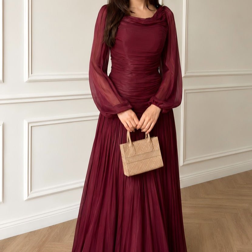 Robe Maxi Plissée Encolure Drapée Taille Froncée Manches Lanternes (MS534)