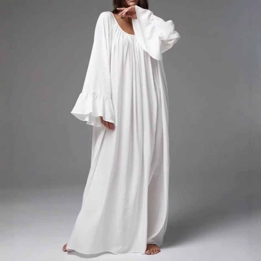 Robe Maxi Loungewear Française avec Manchettes à Volants (MA397)