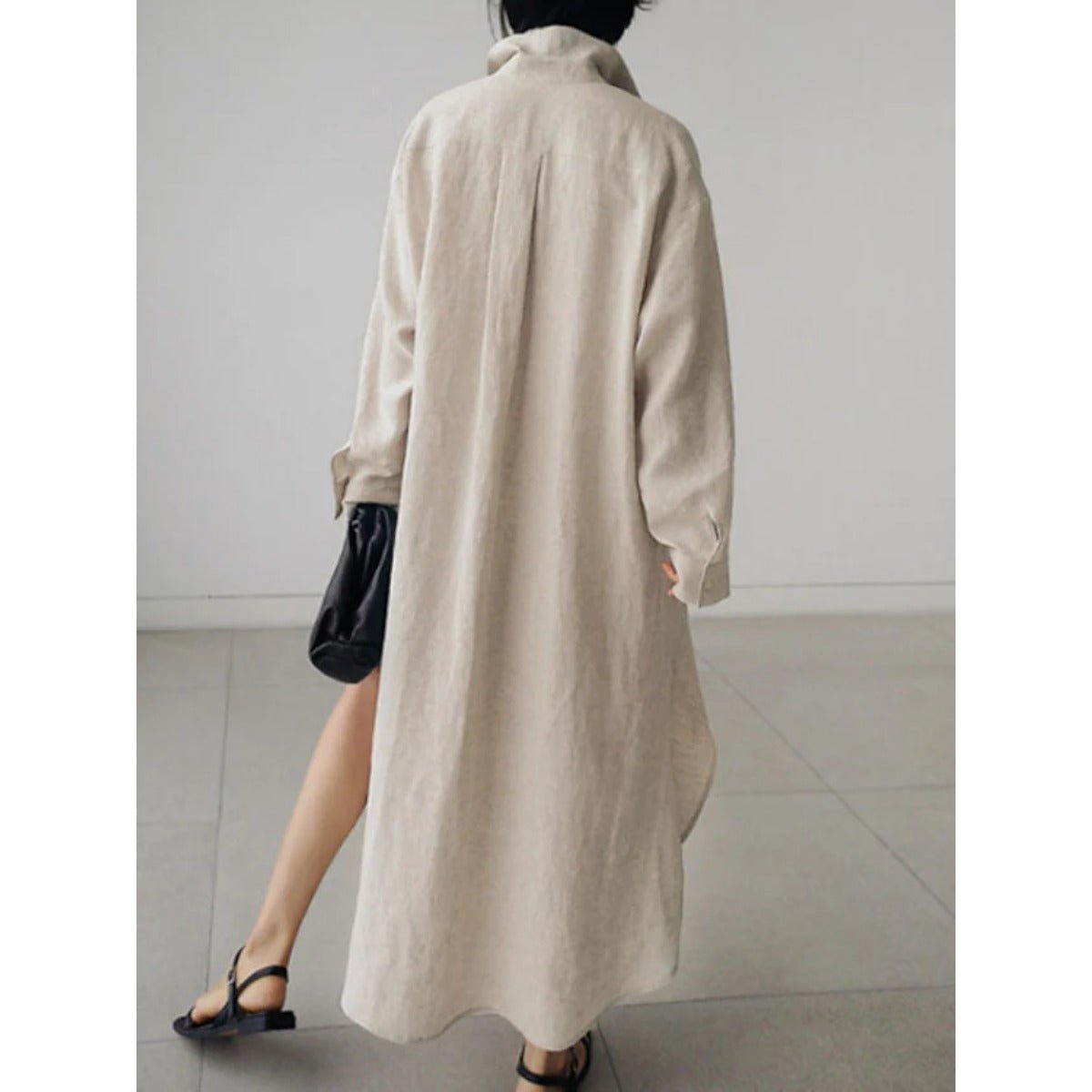 Robe-chemise décontractée et élégante en lin mélangé pour musulmanes | Maxi robe modeste boutonnée devant avec fentes latérales (MS096)