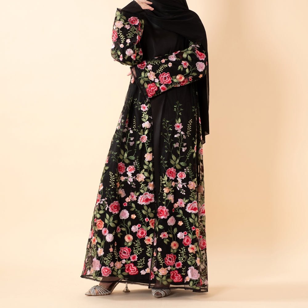 Abaya ouverte brodée Jardin de Roses effet 3D (MOA275)