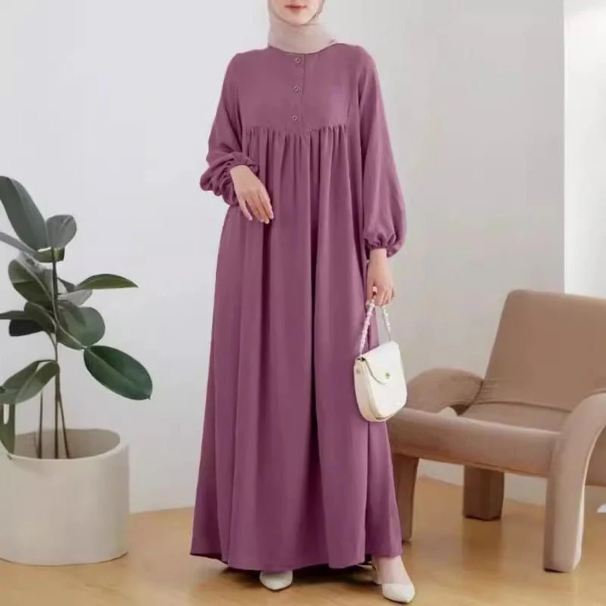 Robe Abaya Maxi Longue Unie à Manches Bouffantes et Boutons, Casual et Élégante (MA157)