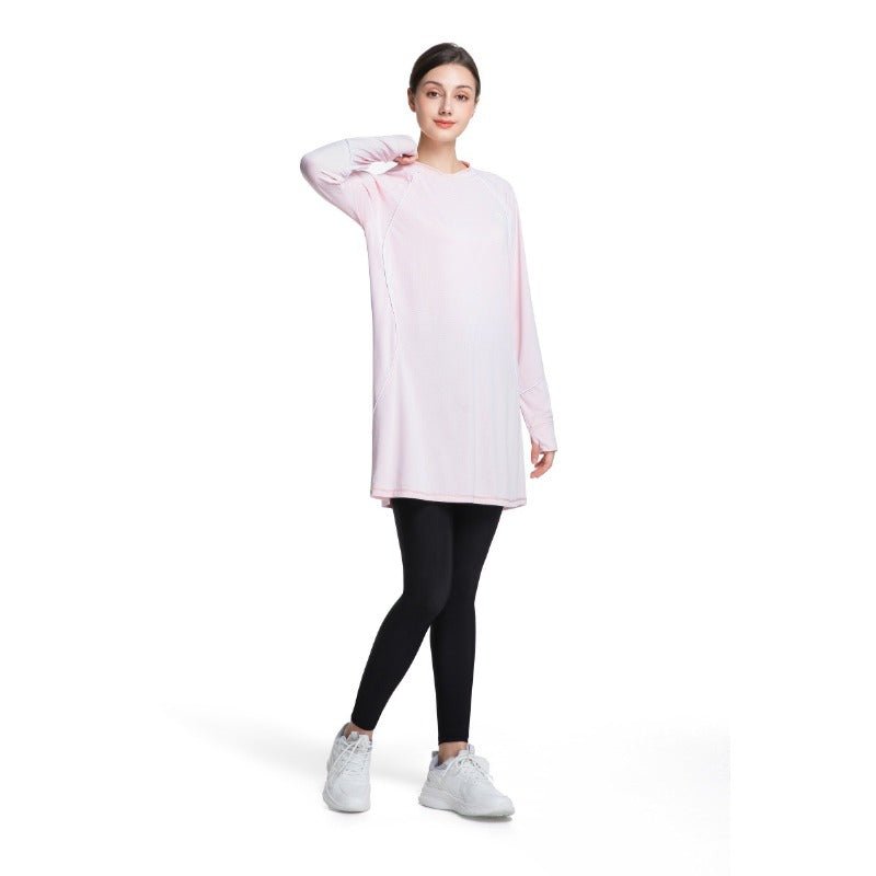 Haut de sport modeste à manches longues pour femme, séchage rapide | Tunique athlétique en polyester pour yoga, lignes épurées (MS114)