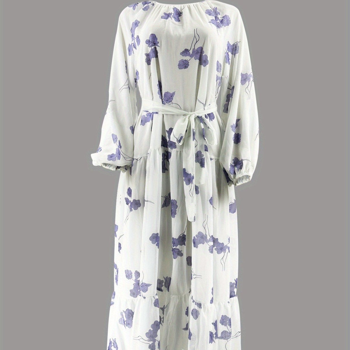 Robe Maxi Fleurie Aquarelle | Robe Étagée à Manches Longues et Ceinture (MS273)