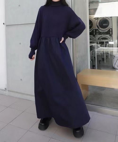 Robe Maxi à Col Roulé Oversize | Robe Pull à Manches Bouffantes (MS180)