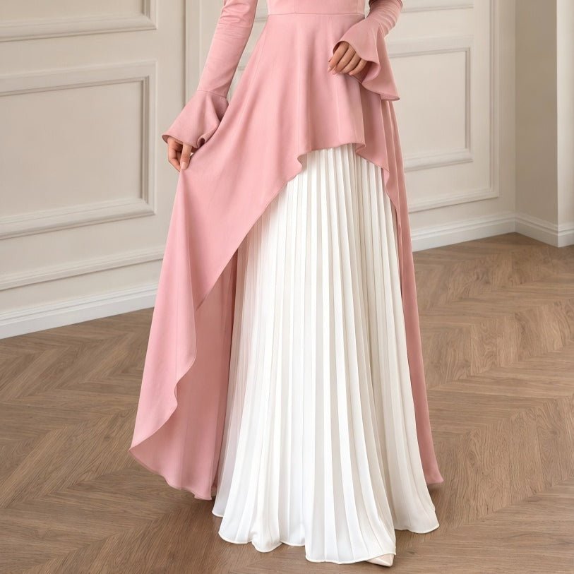 Robe Maxi Plissée Peplum Rose & Ivoire (MS512)