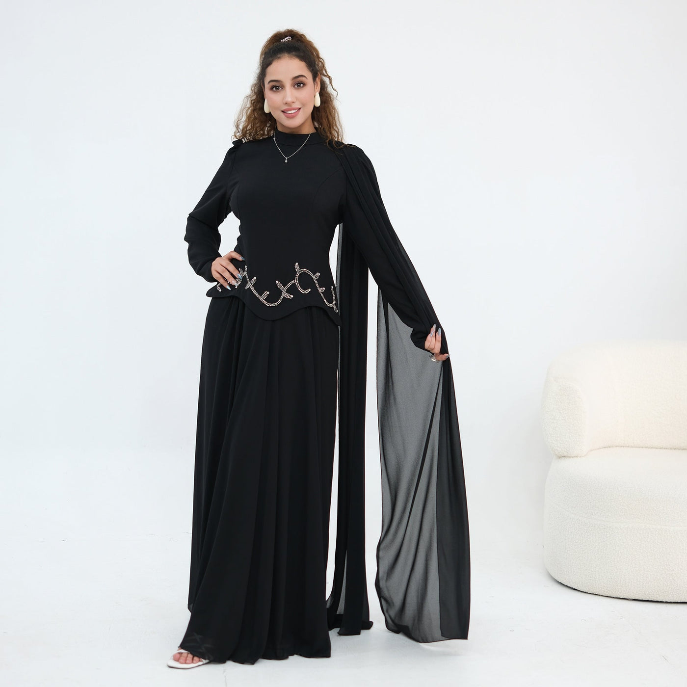 Robe Maxi Cape Sleeve à Taille Perlée(MS499)