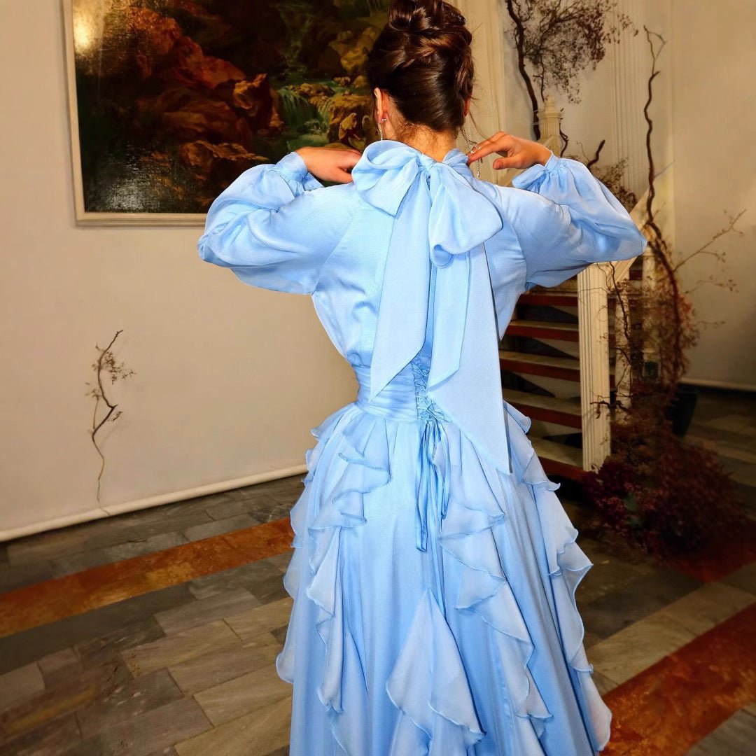 Robe de soirée en mousseline à volants étagés | Robe maxi col haut avec nœuds sur les manches (MA349)