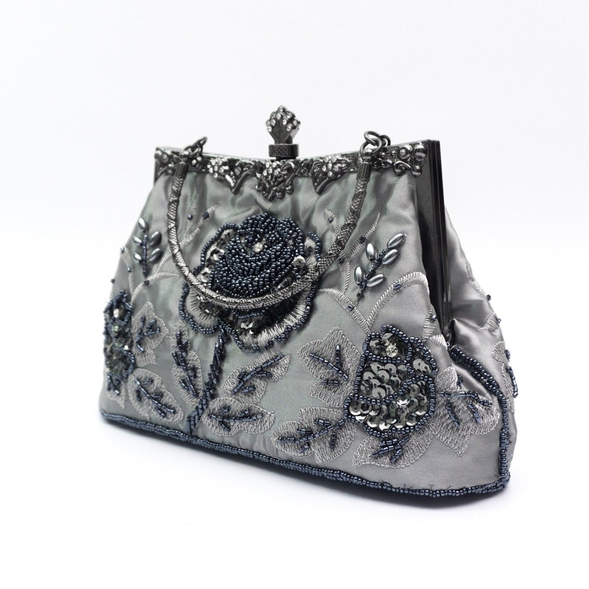 Sac pochette vintage brodé de roses en strass et perles (MAC292)