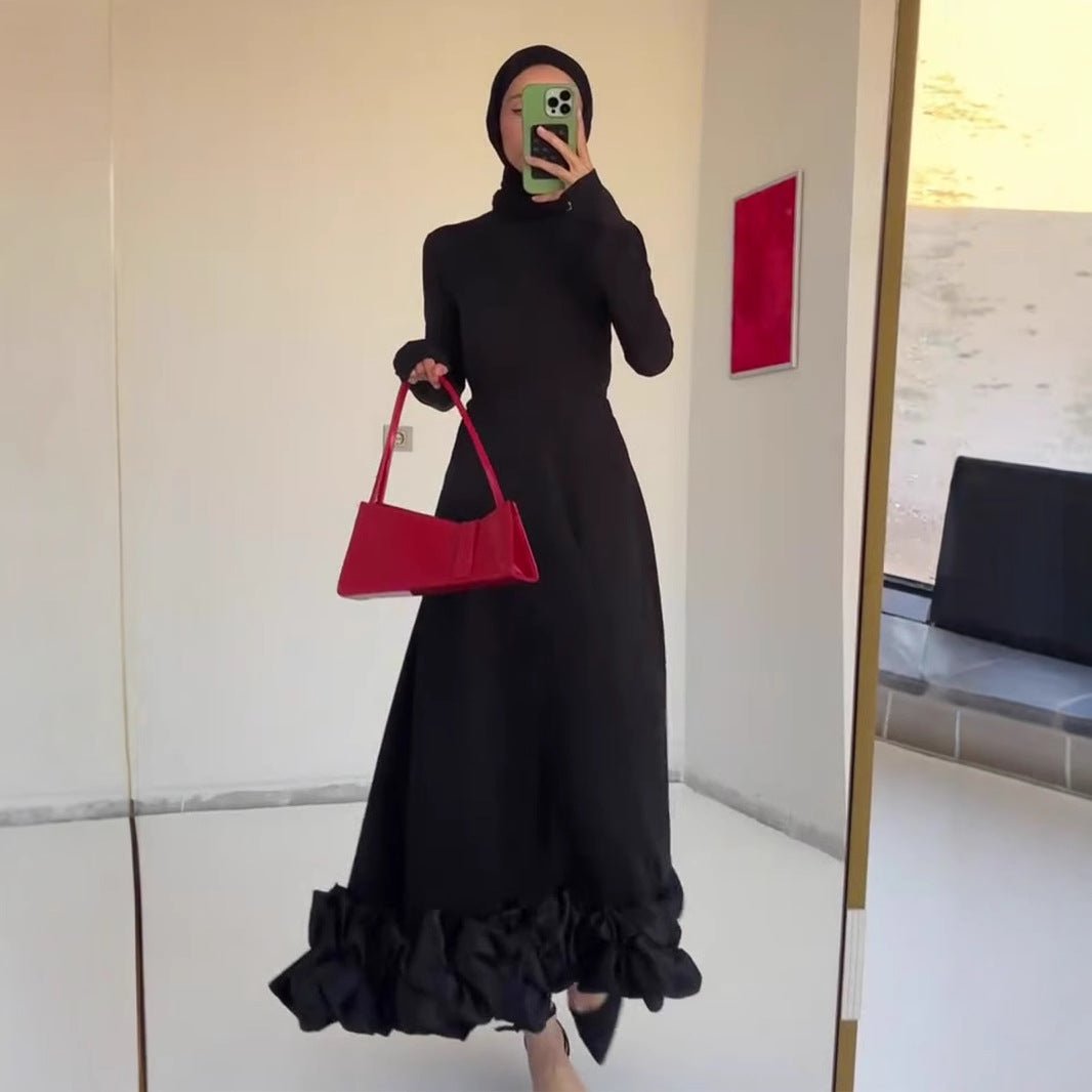 Robe de soirée en tulle avec ourlet à volants | Robe maxi ajustée à col montant (MS234)