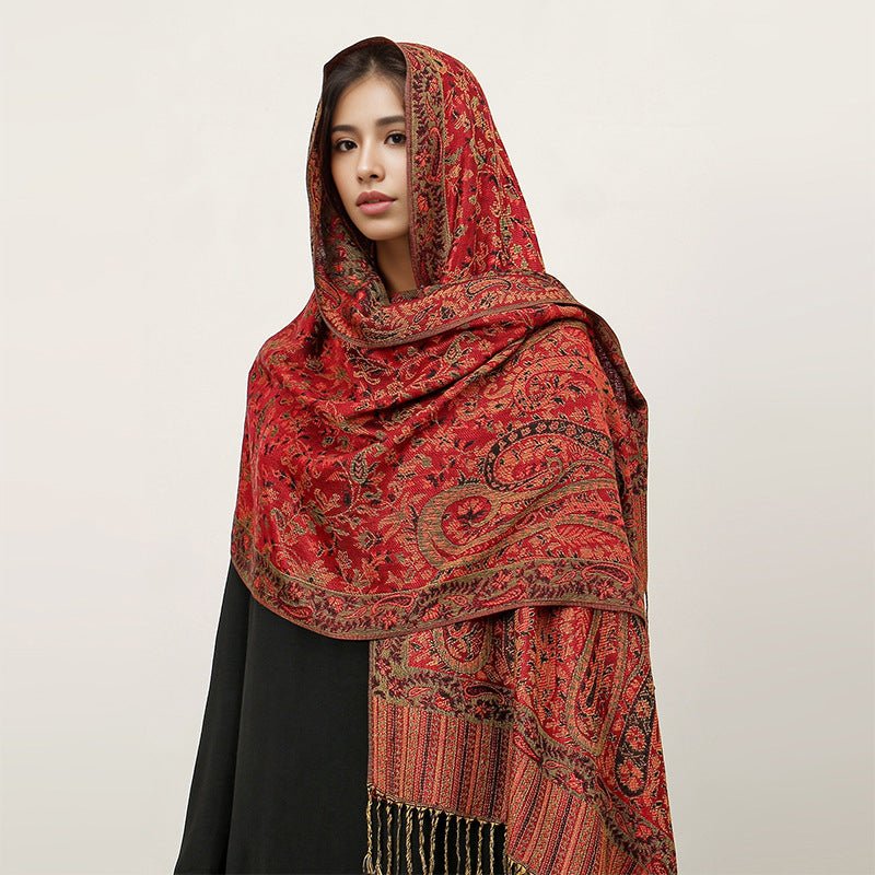 Hijab Vintage Shawl à Motif Fleur de Cajou avec Pompons (MH101)