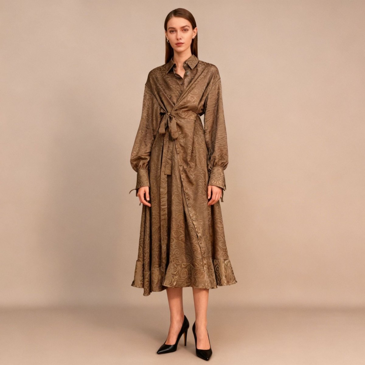 Robe Portefeuille en Jacquard Floral | Robe Maxi à Col et Manches Nouées (MS257)