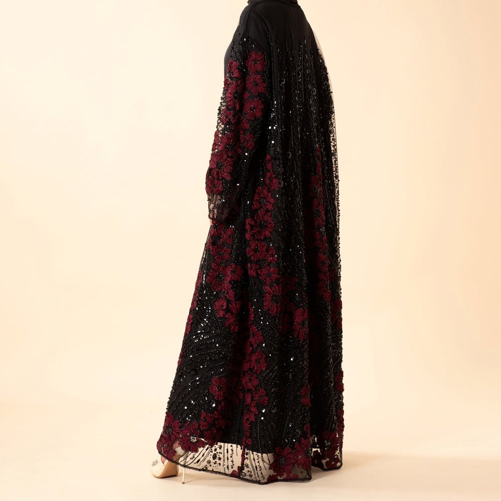 Abaya ouverte de luxe à fleurs 3D perlée paillettée brodée pour Aïd et mariage (MOA307)