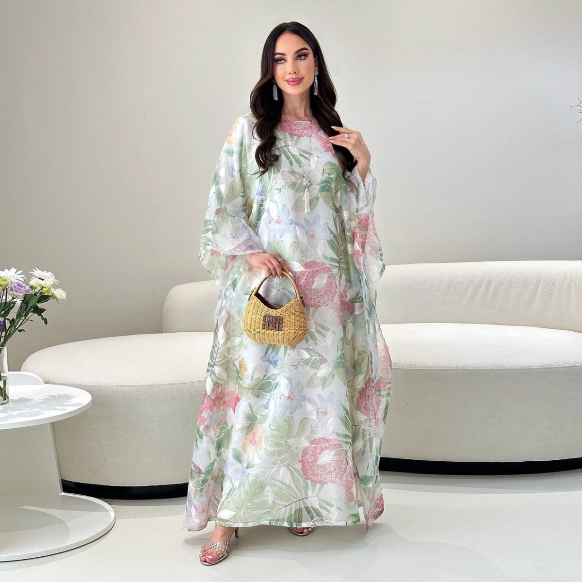 Abaya Kaftan Fleurs Aquarelle | Abaya à Enfiler Manches Chauve-Souris (MA371)