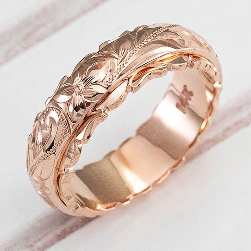 Bague en or jaune 14 carats gravée avec rose flottante (MAC195)