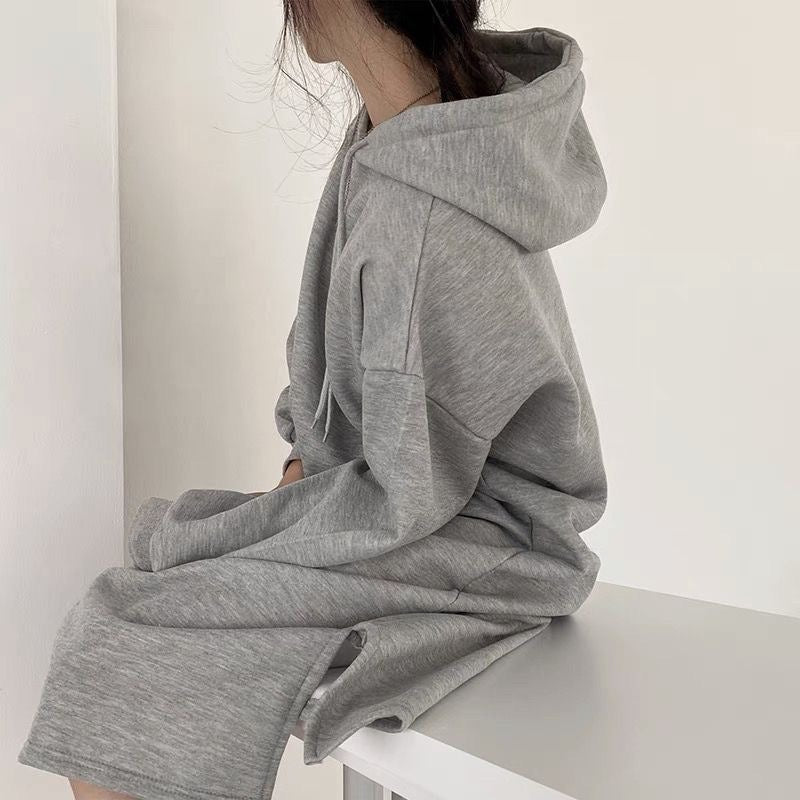 Robe Maxi Pull à Capuche Confort | Robe Mi-Longue Doublée en Polaire avec Fentes Latérales (MS137)