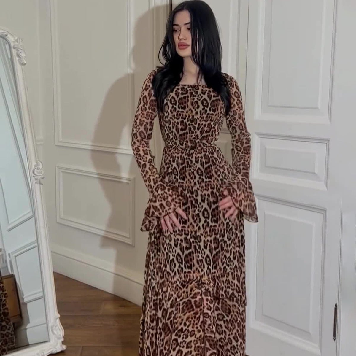 Robe en mousseline imprimé léopard à manches volantées (MS336)