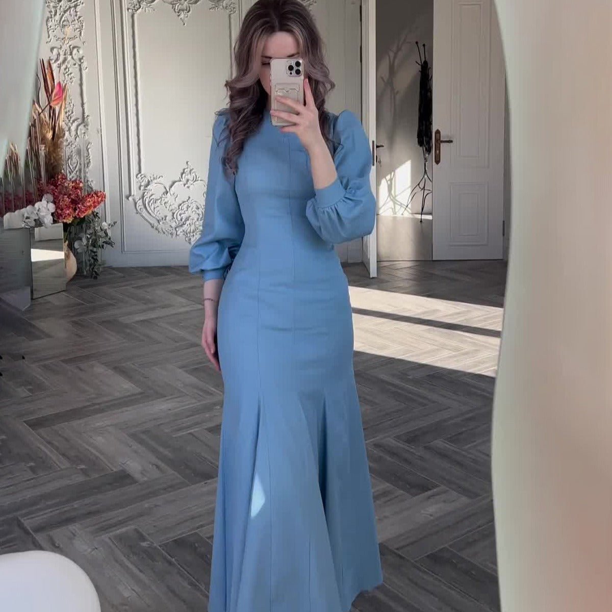 Robe Abaya Sirène en Mousseline Bleue à Manches Longues, Style Cour Élégant Printanier (MA222)