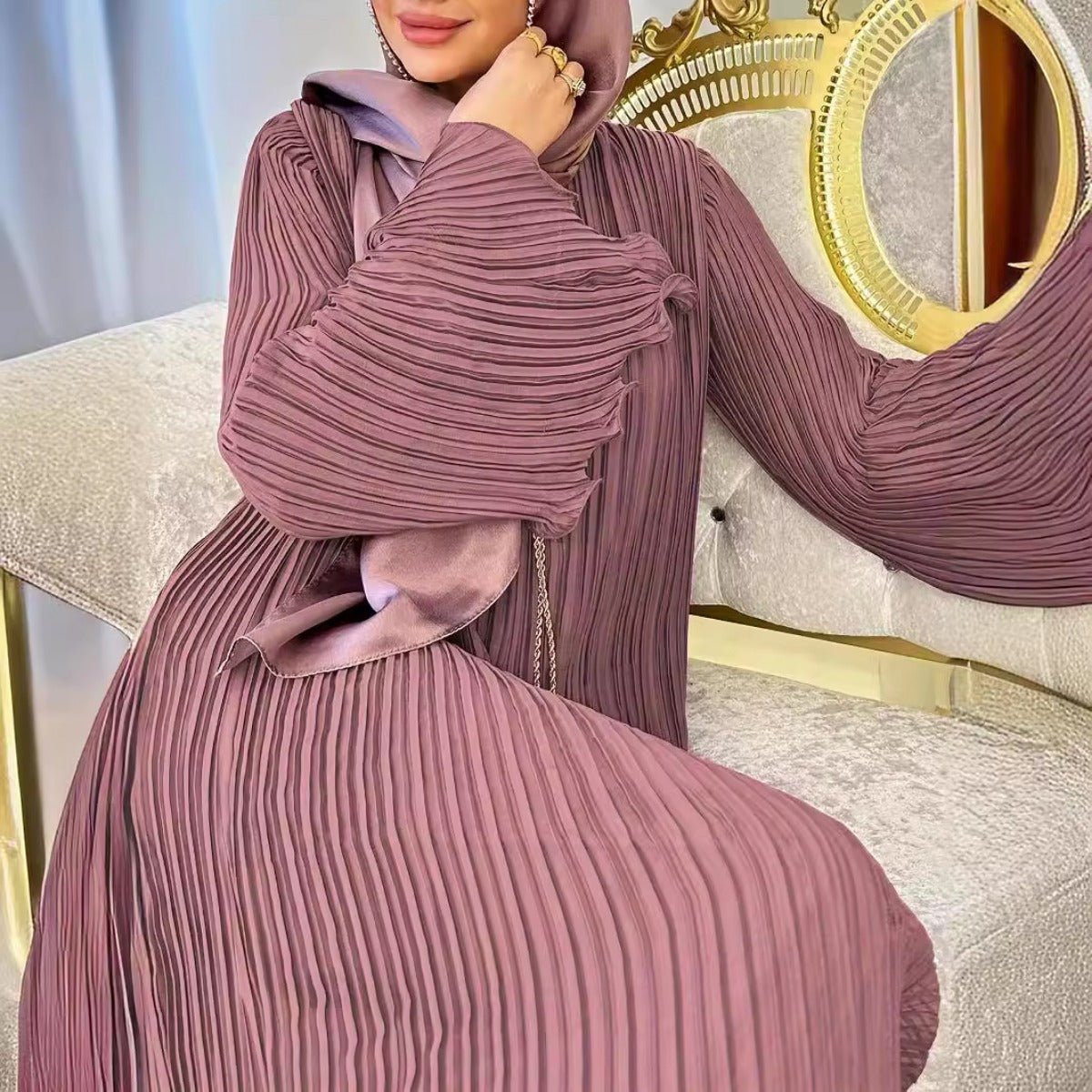 Abaya plissée Lavender Dream | Robe maxi modeste à manches évasées (MA263)