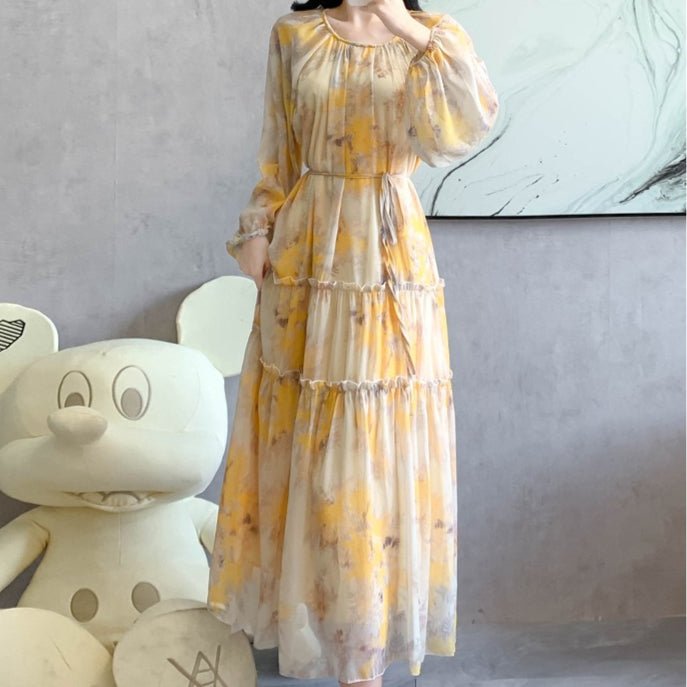 Robe Maxi en Mousseline Imprimée Aquarelle | Robe Étagée à Manches Longues (MS270)