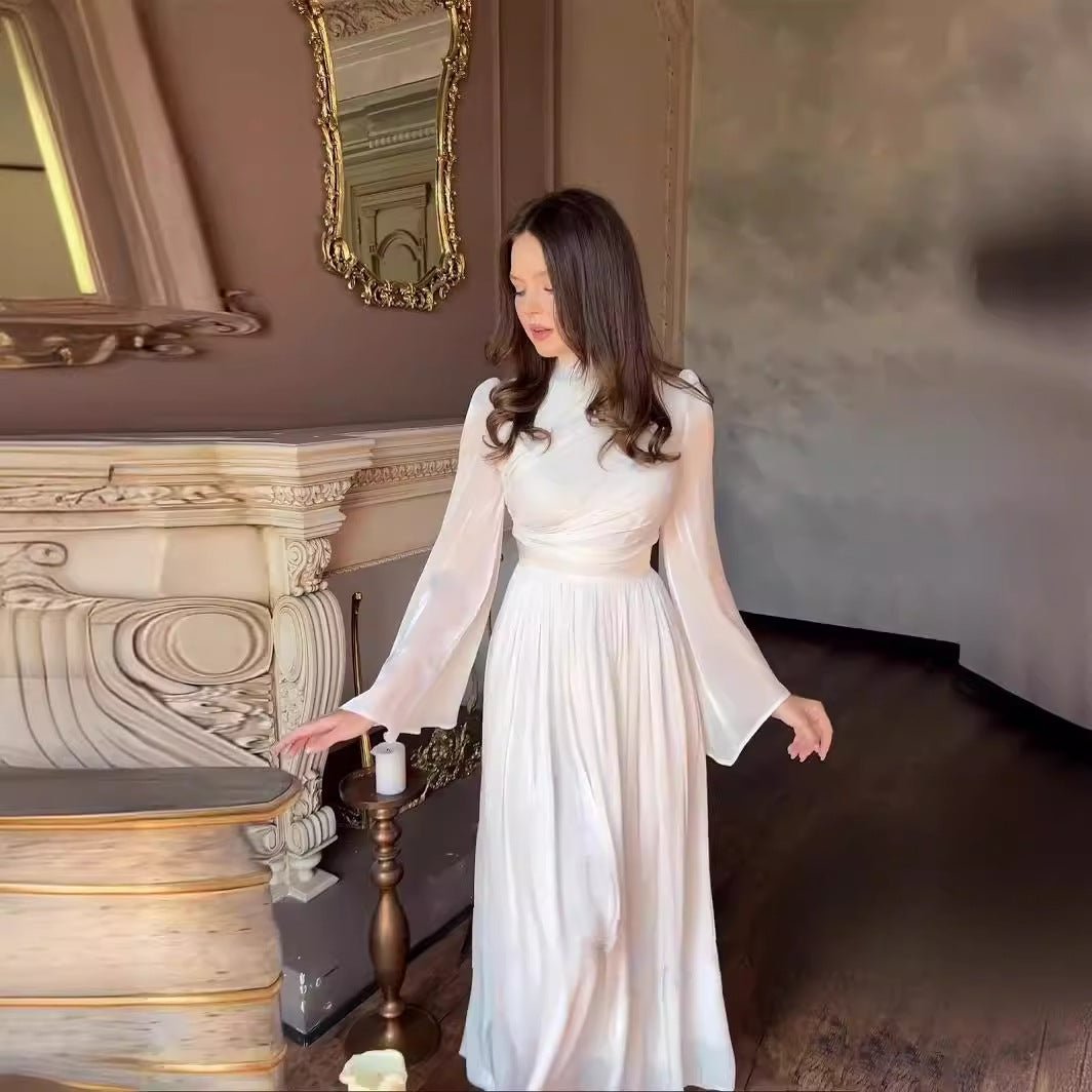Robe Abaya élégante à col cheminée, taille plissée et manches évasées, tenue idéale pour invitée de mariage (MA199)