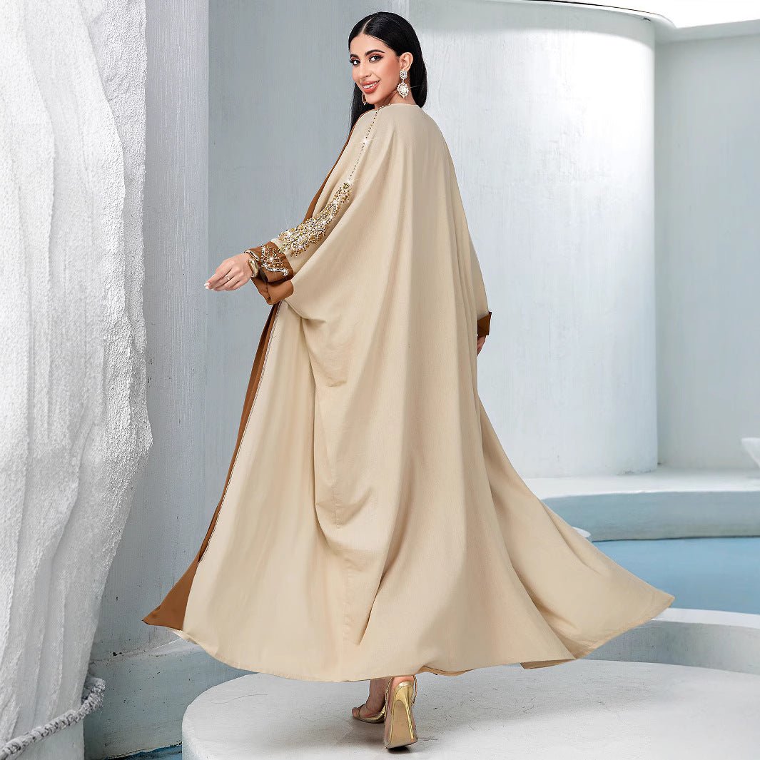 Veste Abaya de Luxe en Perles Rouille pour Mariage et Fêtes Musulmanes, Kaki avec Broderie Dorée Contrastante (MOA158)