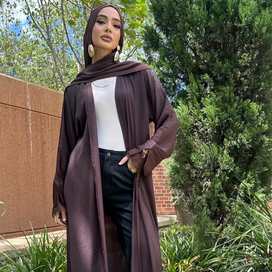 Abaya Ouverte Froissée avec Poignet en Dentelle (MOA328)